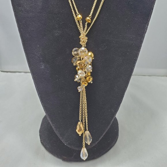 Crystal and gold double layer with tassel necklace - Picture 2 of 7